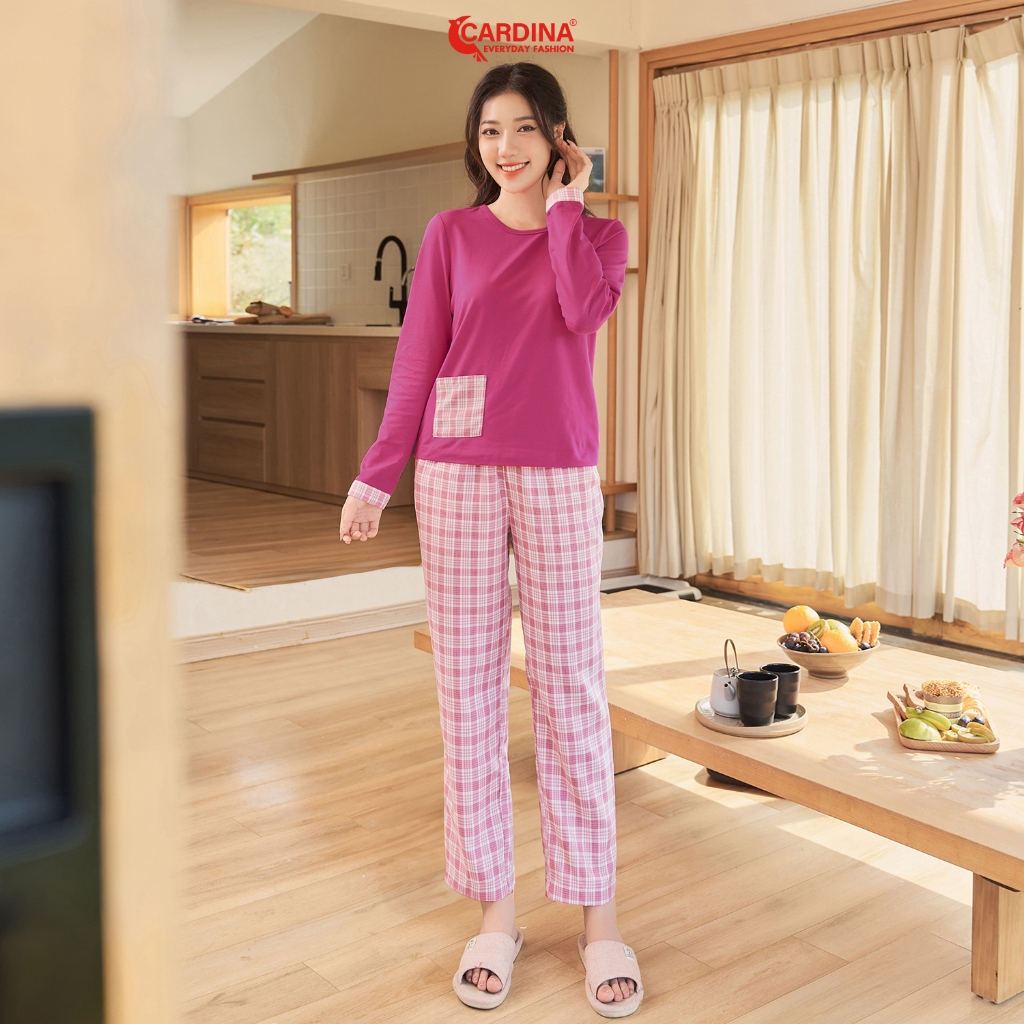 Đồ bộ nữ mặc nhà CARDINA chất liệu cotton cao cấp dài tay cổ tròn phom ôm vừa tôn dáng trẻ trung 3BTD06
