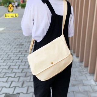 Túi tote đeo chéo nút unisex nam nữ vải canvas màu be đen phong cách ulzzang đi học đi chơi đựng tập sách