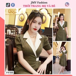 V4188 Váy đầm cổ vest xanh xòe công sở váy xanh cổ vest trắng sang chảnh