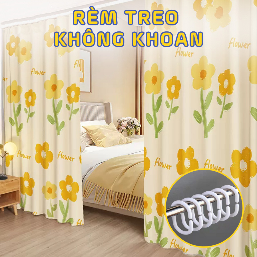 Rèm cửa chống nắng không cần khoan chất liệu poly cao cấp,Rèm bán sáng phong cách đồng quê nhỏ tươi mới có móc