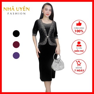 Đầm trung niên sang trọng may kiểu áo giả vest tạo cảm giá sang trọng M589 váy nữ trung niên thun nhung cao cấp