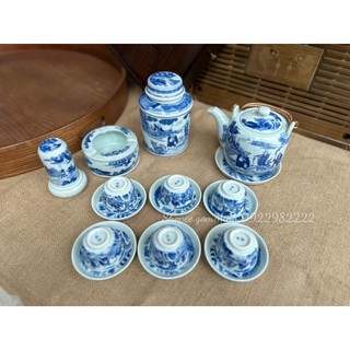 Bộ ấm chén Bát Tràng, dáng ấm vại, vẽ bát tiên - hàng phỏng cổ