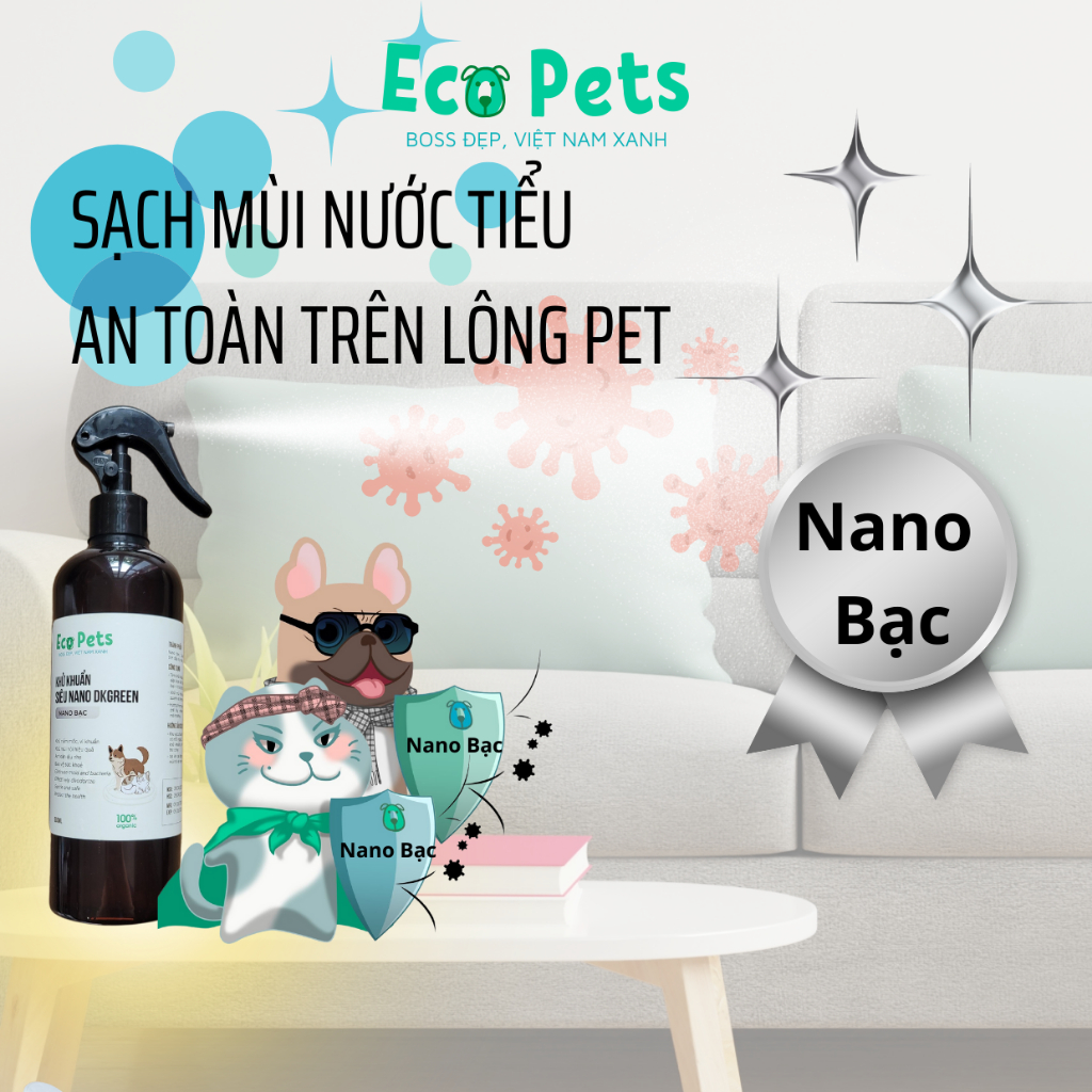 Chai xịt khử khuẩn siêu nano DKGREEN ECOPETS cho chó mèo khử mùi hôi thú cưng làm thơm khu vực chuồng - 100/500ml