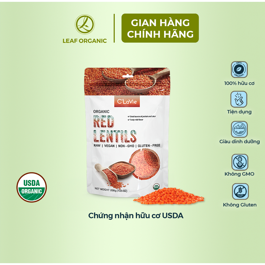Đậu lăng đỏ hữu cơ C'lavie 200g, dùng làm sữa, cho bé ăn dặm, nấu cháo soup.. có chứng nhận hữu cơ