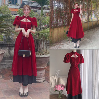 Set áo dài đỏ phối tay voan cổ yếm + chân váy midi