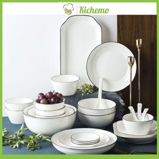 Bát đĩa sứ trơn viền đen gốm sứ cao cấp Chén dĩa bàn ăn sang trọng