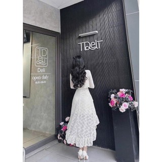 SET đầm váy đuôi cá chất ren hoa kèm áo khoác tay dài