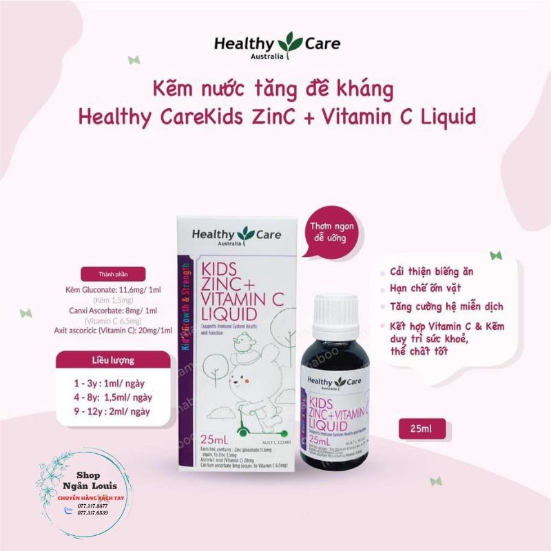 Kẽm nước tăng sức đề kháng, giúp bé ăn ngon, ngủ ngon Healthy Care Kids ZinC + Vitamin C Liquid 25ml