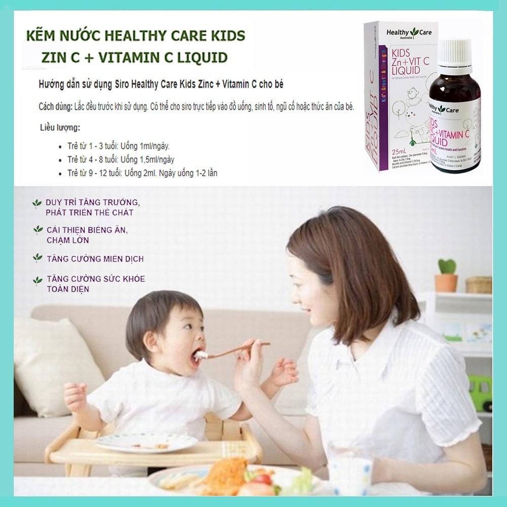 Kẽm nước tăng sức đề kháng, giúp bé ăn ngon, ngủ ngon Healthy Care Kids ZinC + Vitamin C Liquid 25ml