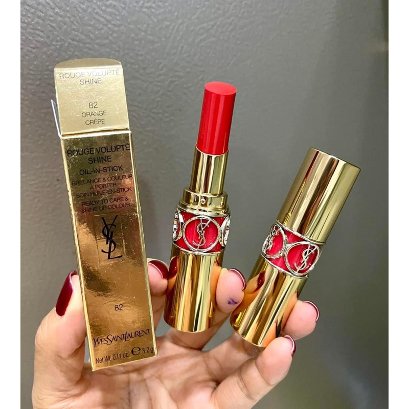 Son YSL 82 Orange Crepe Rouge Volupte Shine Màu Cam Đào fullsize fullbox