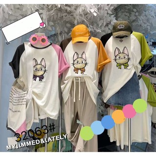 Áo thun nữ cổ tròn tay ngắn pha màu in hình mèo nơ hàng Quảng Châu chất cotton form rộng to, áo phông mùa hè 32063