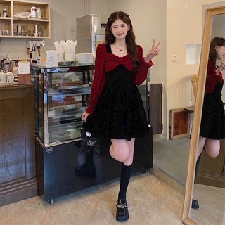 Đầm nhung xòe tay dài phối màu đính nơ dễ thương,váy nữ cao cấp diện tết ,noel siêu xinh