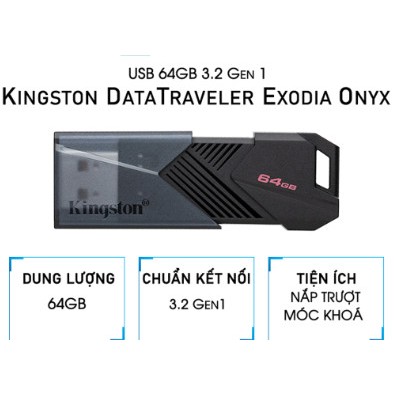 USB 64GB/128GB Kingston DataTraveler Exodia Onyx - Chuẩn Kết Nối 3.2 Gen1 - DTXON/64, Bảo Hành 60 Tháng