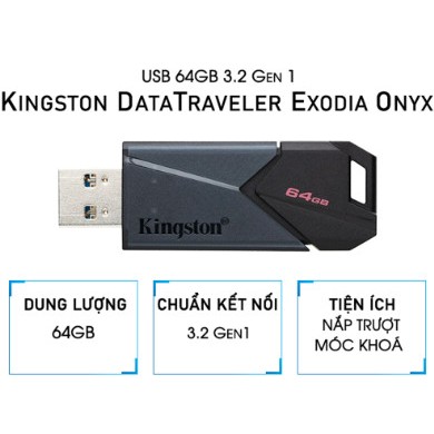 USB 64GB/128GB Kingston DataTraveler Exodia Onyx - Chuẩn Kết Nối 3.2 Gen1 - DTXON/64, Bảo Hành 60 Tháng