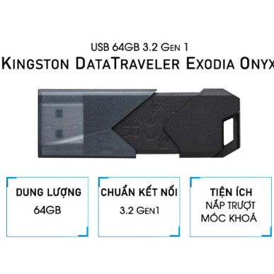 USB 64GB/128GB Kingston DataTraveler Exodia Onyx - Chuẩn Kết Nối 3.2 Gen1 - DTXON/64, Bảo Hành 60 Tháng