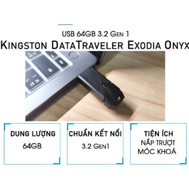 USB 64GB/128GB Kingston DataTraveler Exodia Onyx - Chuẩn Kết Nối 3.2 Gen1 - DTXON/64, Bảo Hành 60 Tháng