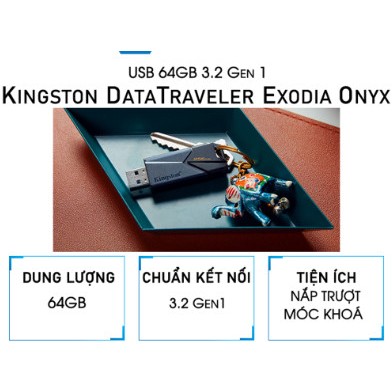 USB 64GB/128GB Kingston DataTraveler Exodia Onyx - Chuẩn Kết Nối 3.2 Gen1 - DTXON/64, Bảo Hành 60 Tháng