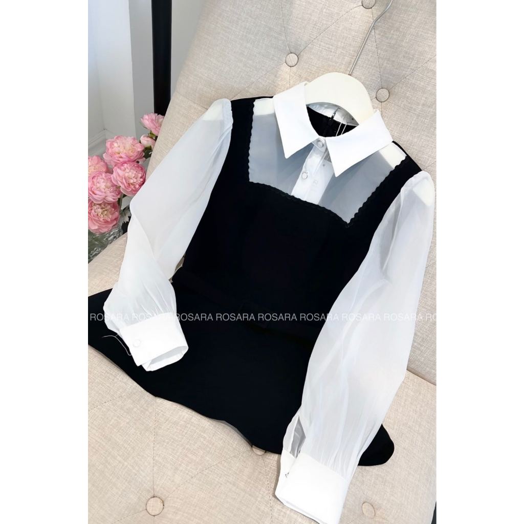 Áo Sơ Mi Nữ Trắng Dài Tay Giả Yếm Đen Kèm Belt Cổ Sơ Mi Thời Trang Nữ Rosara SM264