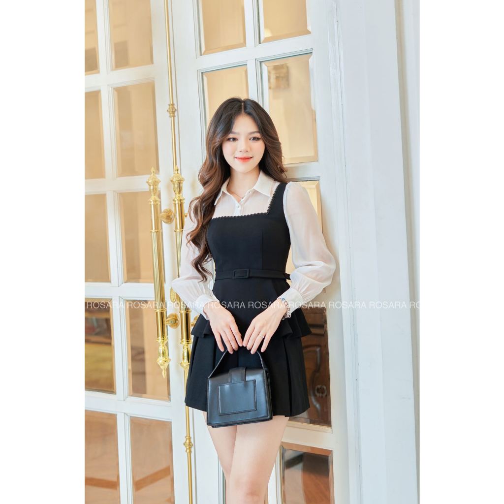 Áo Sơ Mi Nữ Trắng Dài Tay Giả Yếm Đen Kèm Belt Cổ Sơ Mi Thời Trang Nữ Rosara SM264