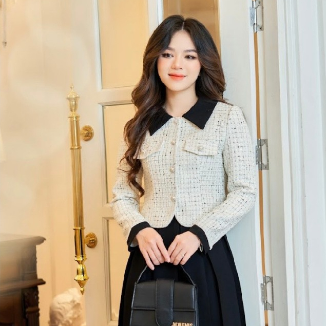 Áo Khoác Dạ Tweed Kim Sa Be Pha Đen Túi Giả Ngực Thời Trang Nữ Rosara K31