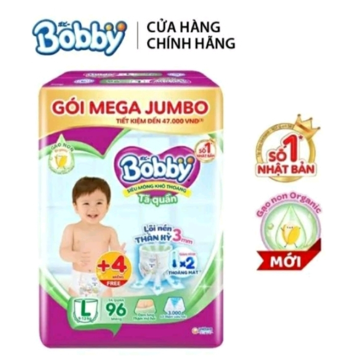 Tã Quần Bobby Mega Jumbo L96+8M , XL84+8M , XXL76+8M . HÀNG TẶNG 8M
