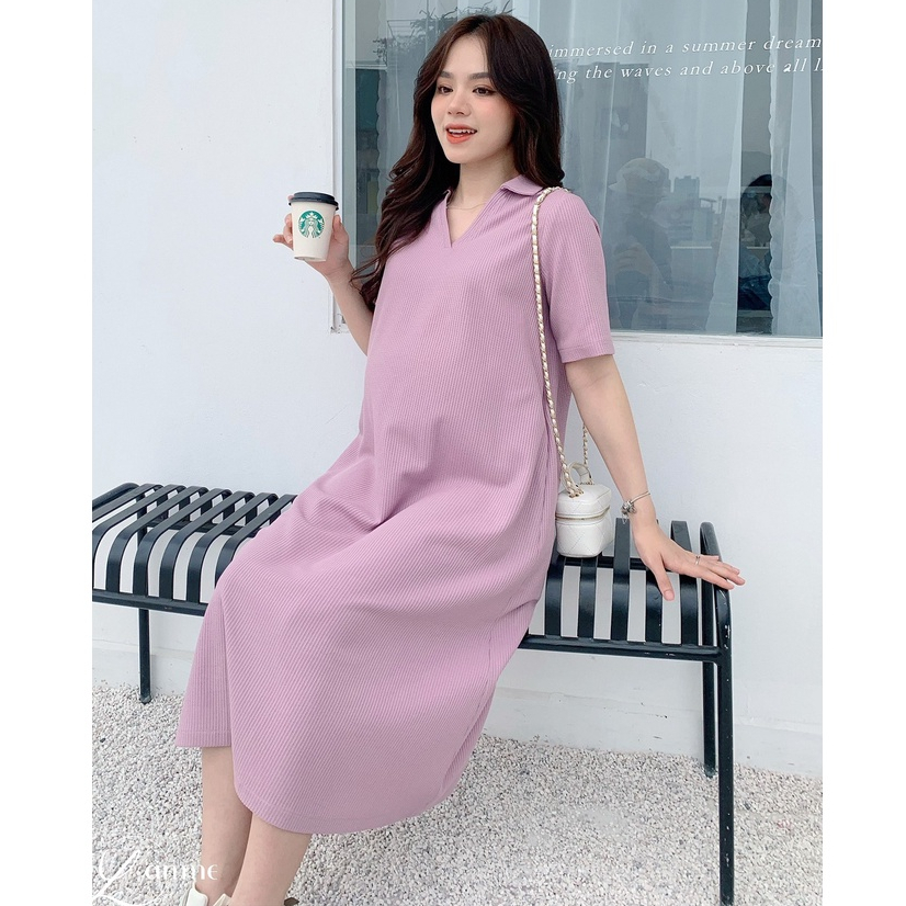 Váy bầu dáng suông Rika Dress cổ polo kiểu basic màu trơn dễ mix match đồ thiết kế bởi LAMME