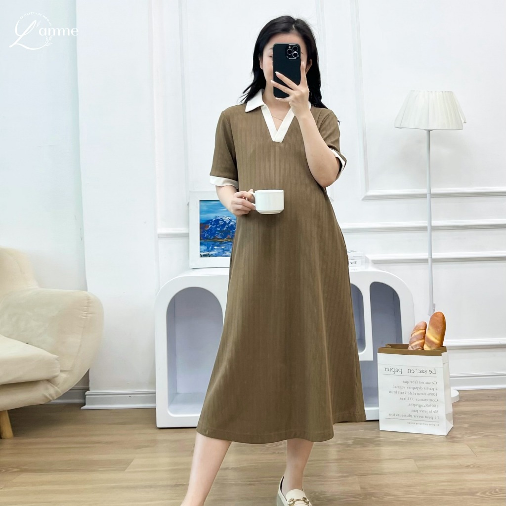 Váy bầu suông, đầm bầu basic cổ polo phối viền LALA DRESS phong cách Hàn Quốc nhẹ nhàng by L'amme