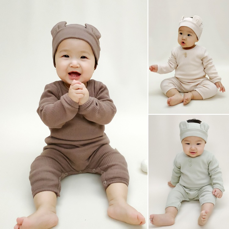 Bộ Bodysuit Dài Tay Kèm Mũ Che Thóp Tai Gấu Đáng Yêu, Chất Thun Gân Cao Cấp Phong Cách Hàn Quốc Size 3-11kg