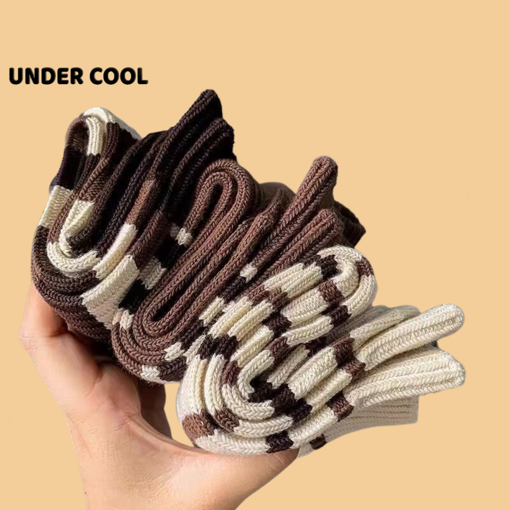 Set 5 Đôi Tất Nữ Cổ Cao UNDERCOOL Tone Nâu Kẻ Ngang Phong Cách Hàn Quốc