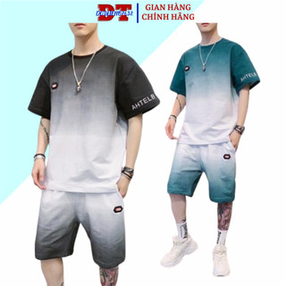 Bộ nam loang lạnh mịn dày đẹp / Quần Áo Thun Nam Loang Màu Kiểu Omber Độc Đáo Áo Tay Ngắn Cổ Tròn Phối Quần Short S0