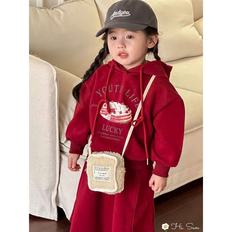 Set bé gái áo hoodie đỏ váy suông Hi Sun