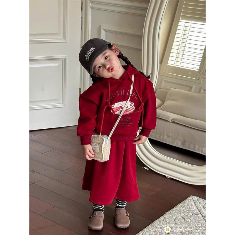 Set bé gái áo hoodie đỏ váy suông Hi Sun