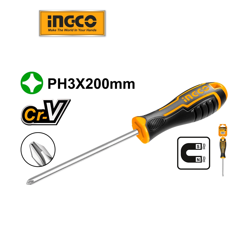 Tua vít bake dài 150mm | 200mm INGCO HSDSPH3150 | HSDSPH3200 đầu nhọn 4 cạnh thép Cr-V đầu PH3 có nam châm