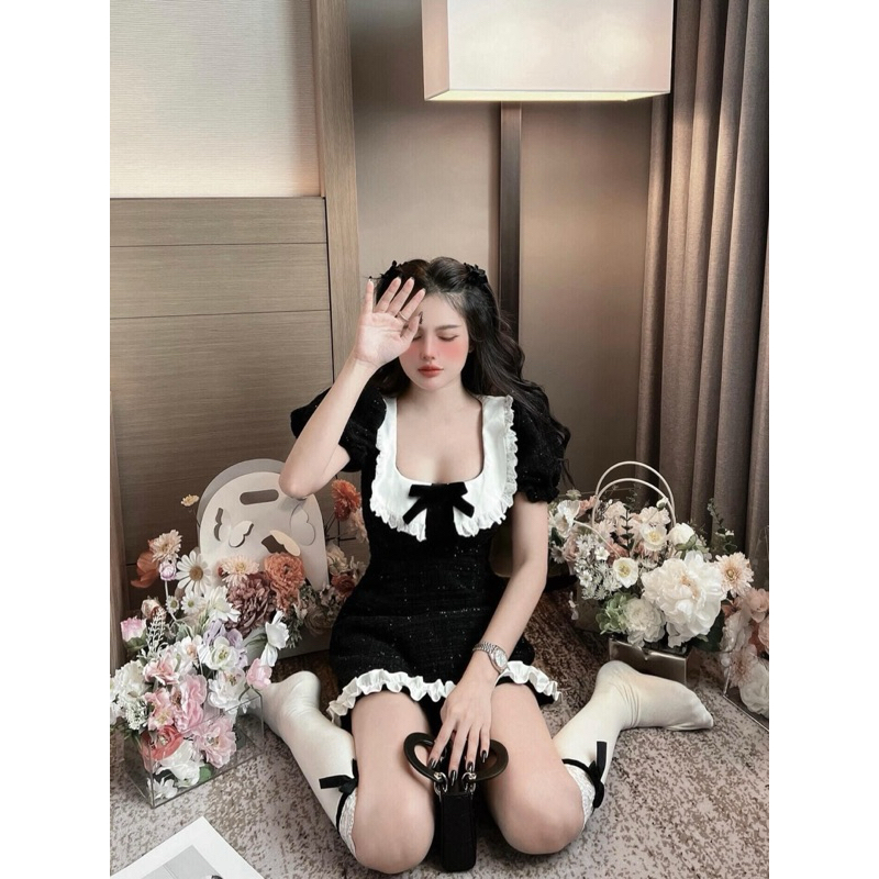 Váy dạ nhũ phối bèo cổ nơ