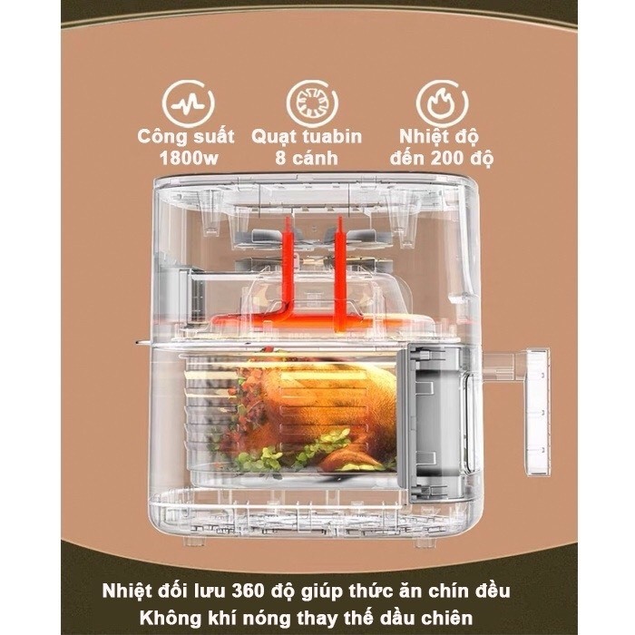 Nồi chiên không dầu công suất lớn 1800W - màn hình cảm ứng 9.5-12.5L Đen - Chống dính cao cấp, Bảo hành 12 Tháng