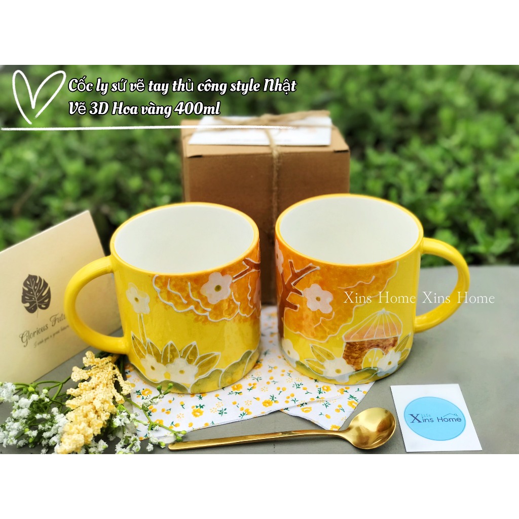 Cốc ly sứ vẽ tay thủ công phong cách Nhật /hoa vàng