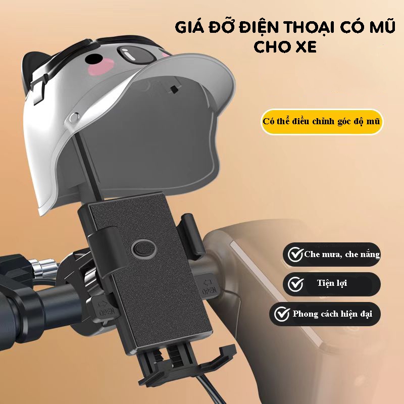 GIÁ ĐỠ ĐIỆN THOẠI CÓ MŨ DỄ THƯƠNG CHE NẮNG, CHE MƯA CÓ THỂ XOAY CHO XE ĐẠP, XE MÁY