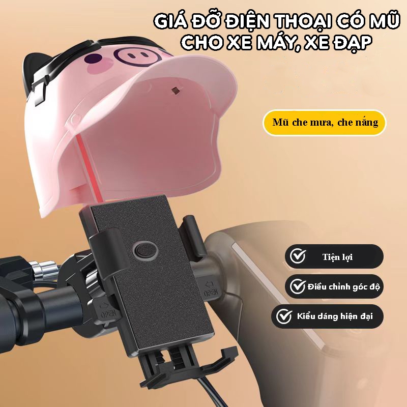 GIÁ ĐỠ ĐIỆN THOẠI CÓ MŨ DỄ THƯƠNG CHE NẮNG, CHE MƯA CÓ THỂ XOAY CHO XE ĐẠP, XE MÁY