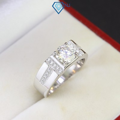 Nhẫn bạc nam Moissanite 7.0mm bản nhỏ xi bạch kim kèm thẻ tra cứu đá cao cấp NNAM0061 - Trang Sức TNJ