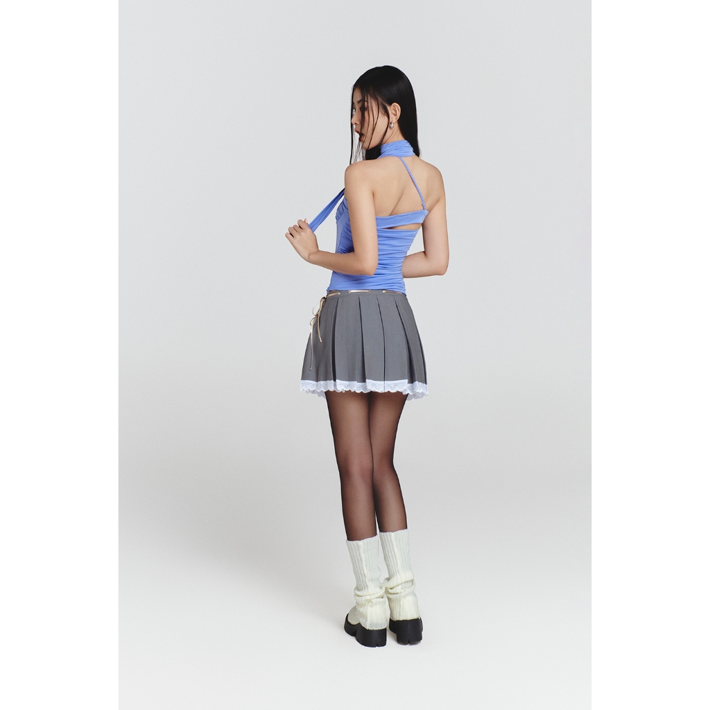 Chân váy xoè SheByShj hạ em xếp ly màu xám phối ren - Grey Pleated Ribbon Skirt