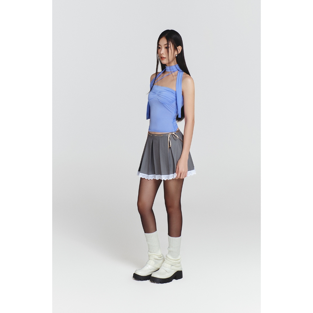 Chân váy xoè SheByShj hạ em xếp ly màu xám phối ren - Grey Pleated Ribbon Skirt