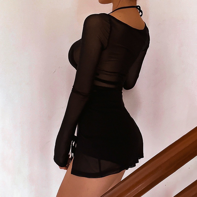 Đầm Lưới Xuyên Thấu Cổ Vuông Xẻ Tà Sexy Hương Mỹ Bikini