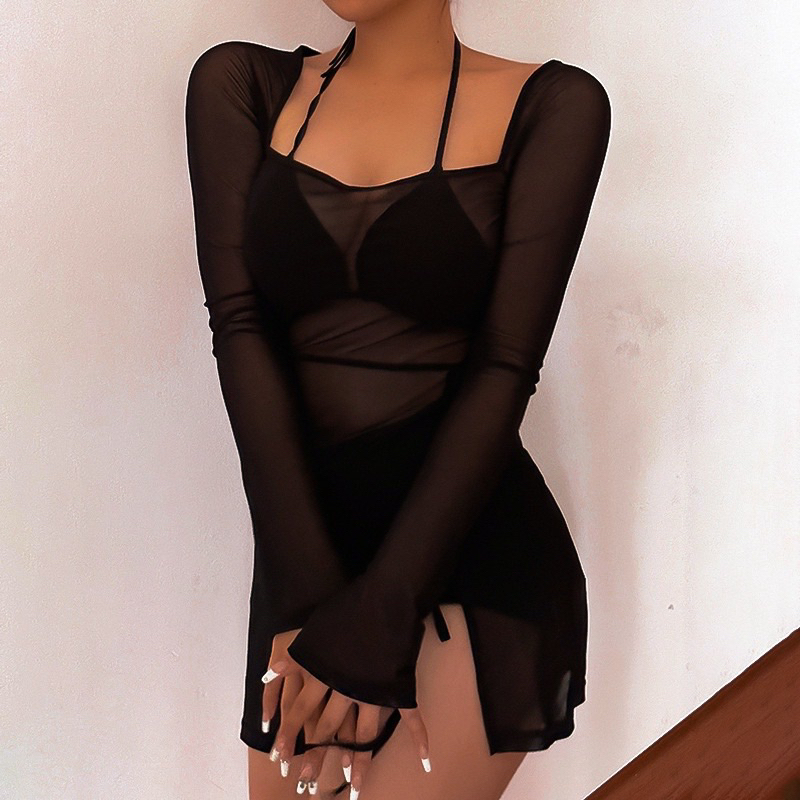 Đầm Lưới Xuyên Thấu Cổ Vuông Xẻ Tà Sexy Hương Mỹ Bikini