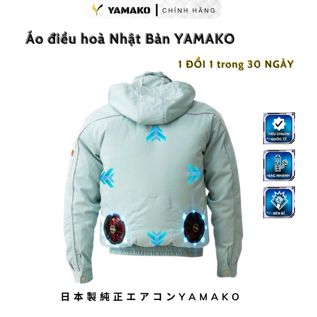 Áo quạt điều hoà Yamako Nhật Bản 12V - 20.000MAH Bao gồm 1 áo, 1 pin, 1 quạt, 1 dây sạc pin, 1 dây quạt - Màu Xanh Ngọc