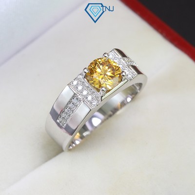 Nhẫn bạc nam Moissanite vàng 7.0mm bản nhỏ xi bạch kim kèm thẻ tra cứu đá cao cấp NNAM0061 - Trang Sức TNJ
