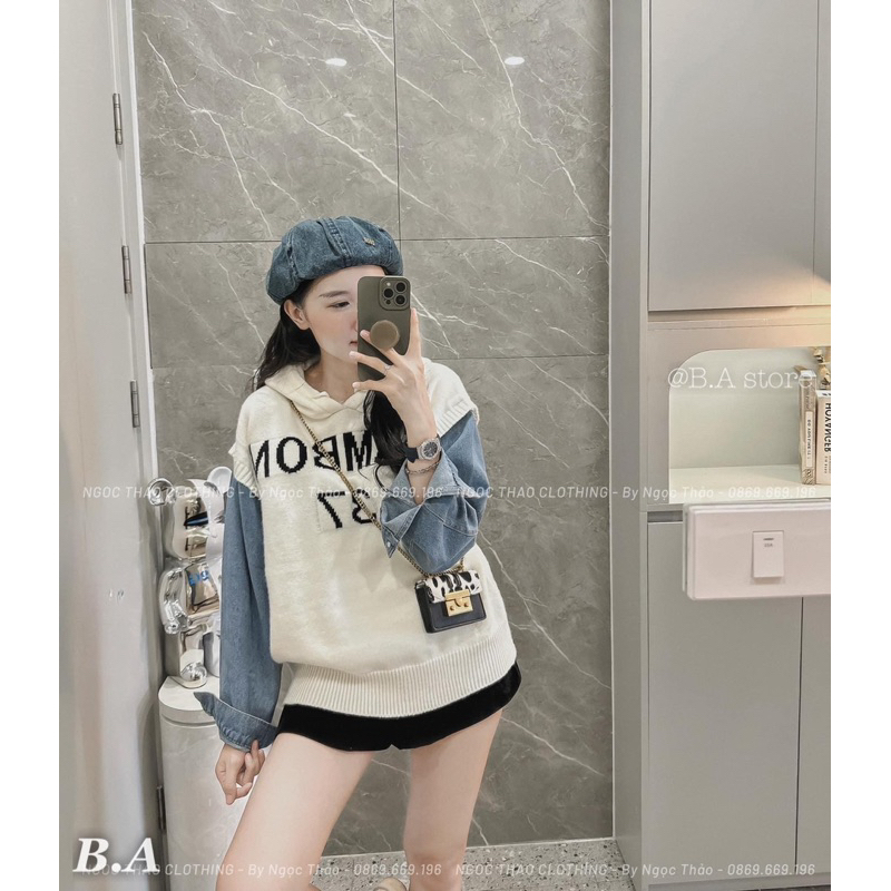 Áo len mũ phối tay Jean