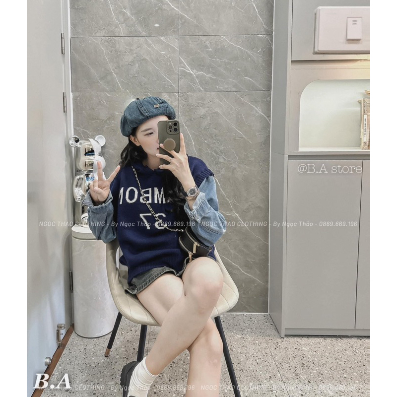 Áo len mũ phối tay Jean