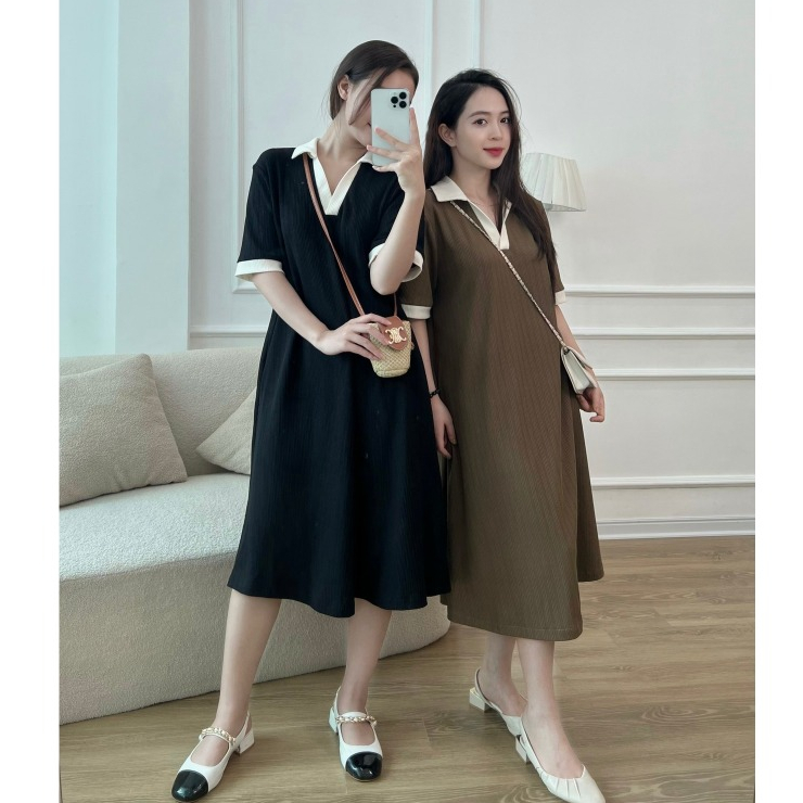Váy bầu suông, đầm bầu basic cổ polo phối viền LALA DRESS phong cách Hàn Quốc nhẹ nhàng by L'amme