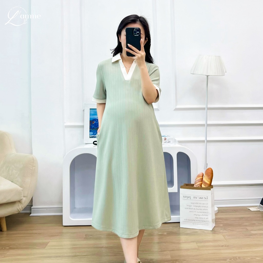 Váy bầu suông, đầm bầu basic cổ polo phối viền LALA DRESS phong cách Hàn Quốc nhẹ nhàng by L'amme