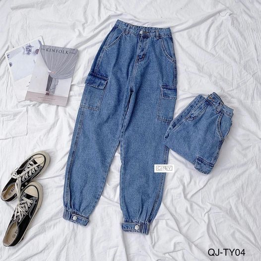 Quần jean nữ baggy bo chun phối nút TY04 I Ginny Shop